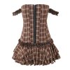Plaid waist cinching strap short strapless dress for women