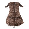 Plaid waist cinching strap short strapless dress for women